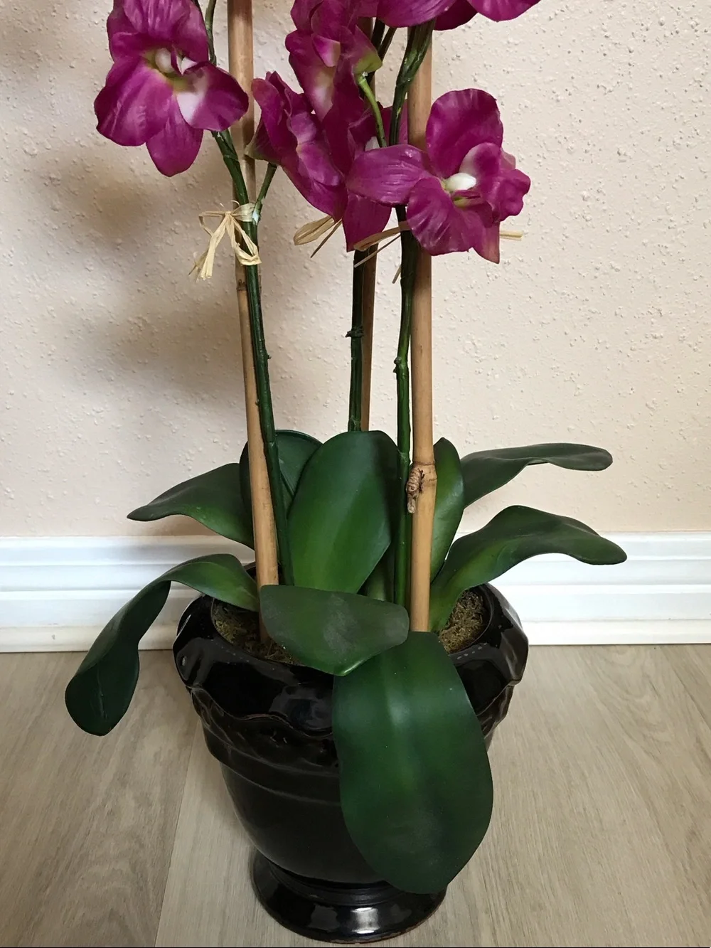 Purple Orchid Arrangement in Black Ceramic Pot - Artificial Floral Accent
